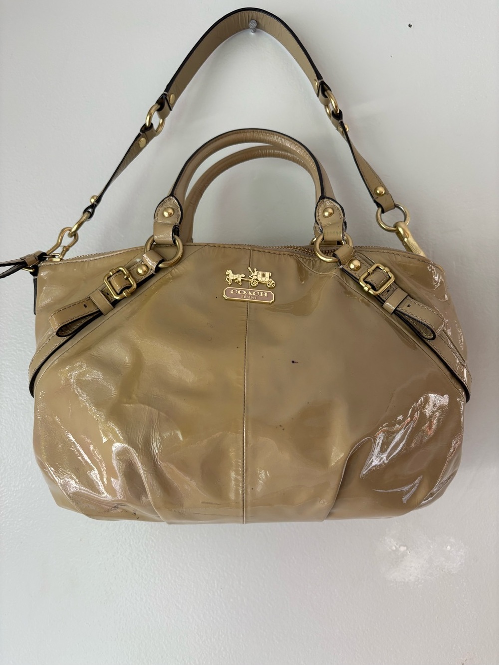 Coach Patent Leather Satchel in Taupe 14x8”